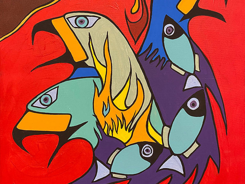 Woodland style painting of birds, fish, and flames.
