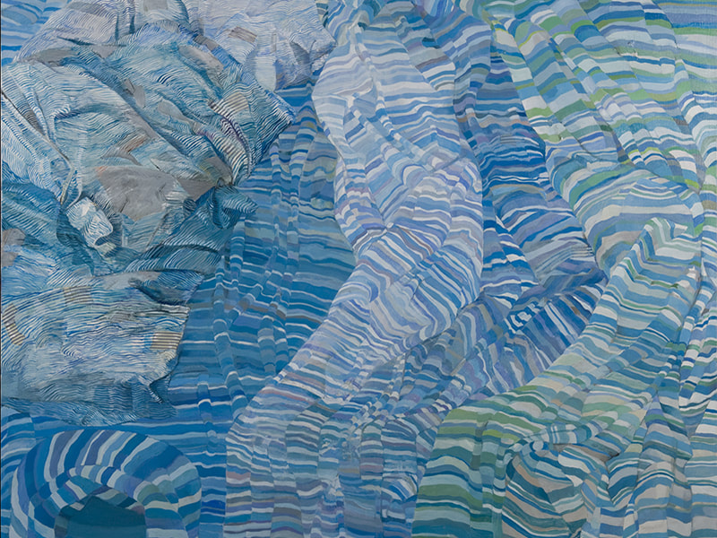 Painting of scattered blue bedding