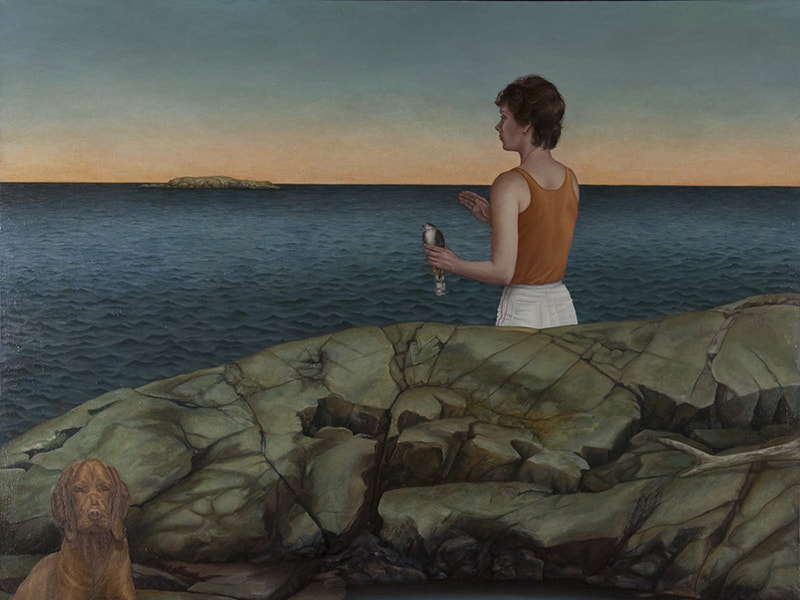 Painting of a boy and a dog on a rock formation looking over a lake.