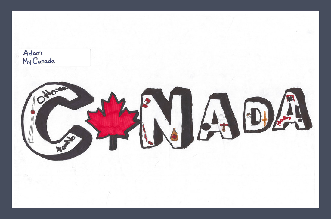 This is an image of little drawings of Canadian symbols inside of each letter of the word 