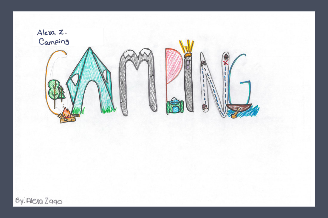 This is an image of drawings of camping objects inside letters that make up the word 