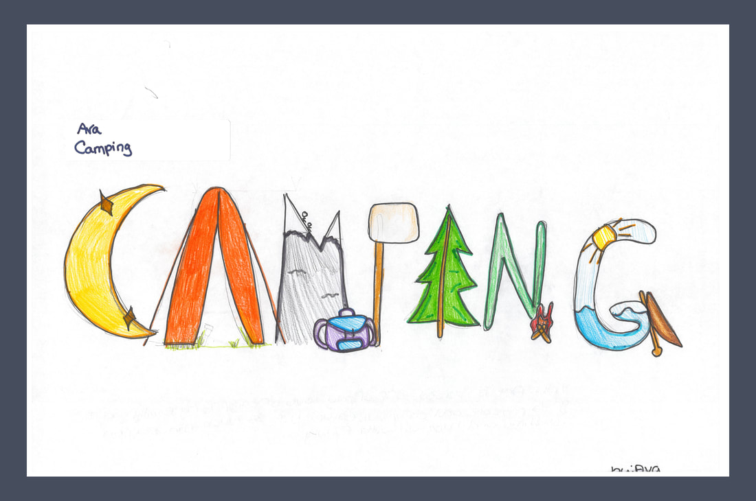 This is an image of drawings of camping objects inside letters that make up the word 