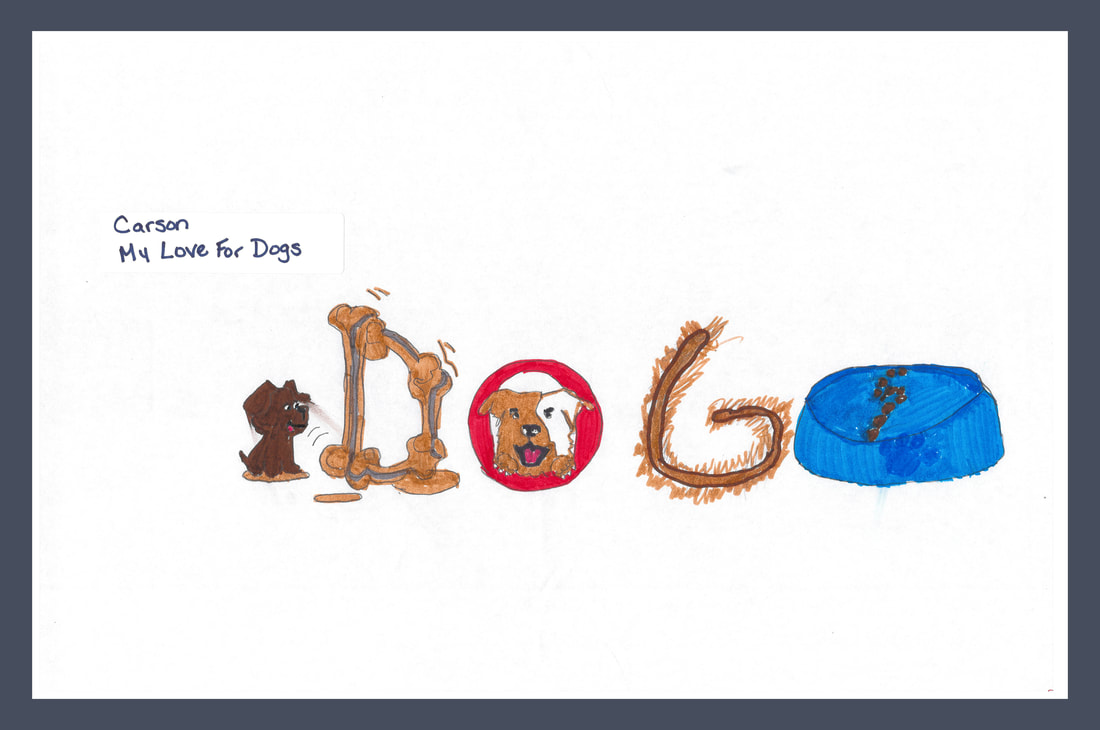 This is an image of drawings of dogs and dog owner objects inside each letter of the word 