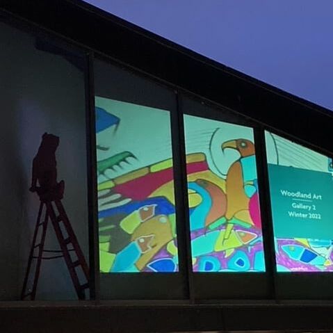 This is a photo of the Art Gallery of Algoma looking inside through a window from the outside. A piece of colourful artwork is projected on the gallery wall.