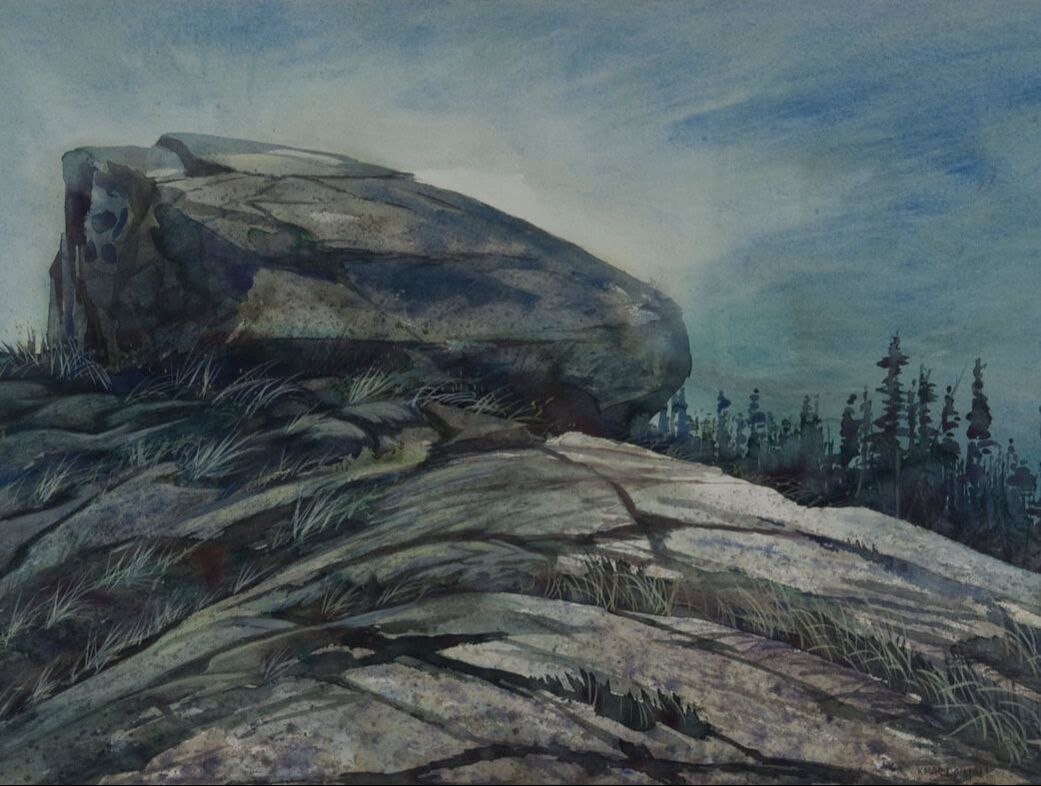 A landscape painting of stones in the foreground, and trees and mist in the background.