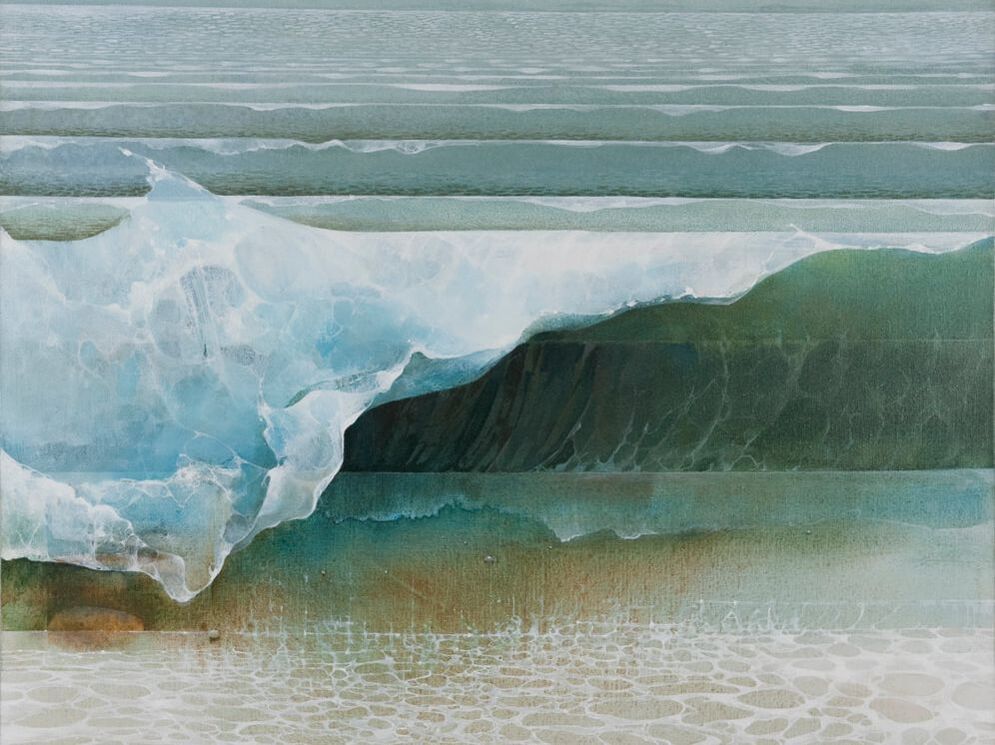 Painting of a wave of water on a beach shoreline.