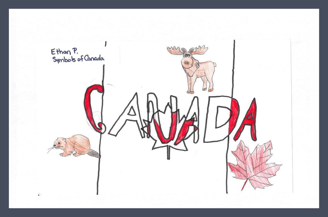 This is an image of drawings of Canadian symbols and the word 