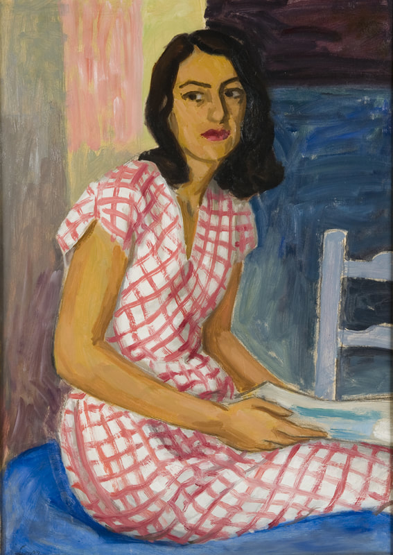 Painting by John Lyman. Title: The Girl in the Check Dress. Oil on Pressed Board. Collection of the Art Gallery of Algoma.