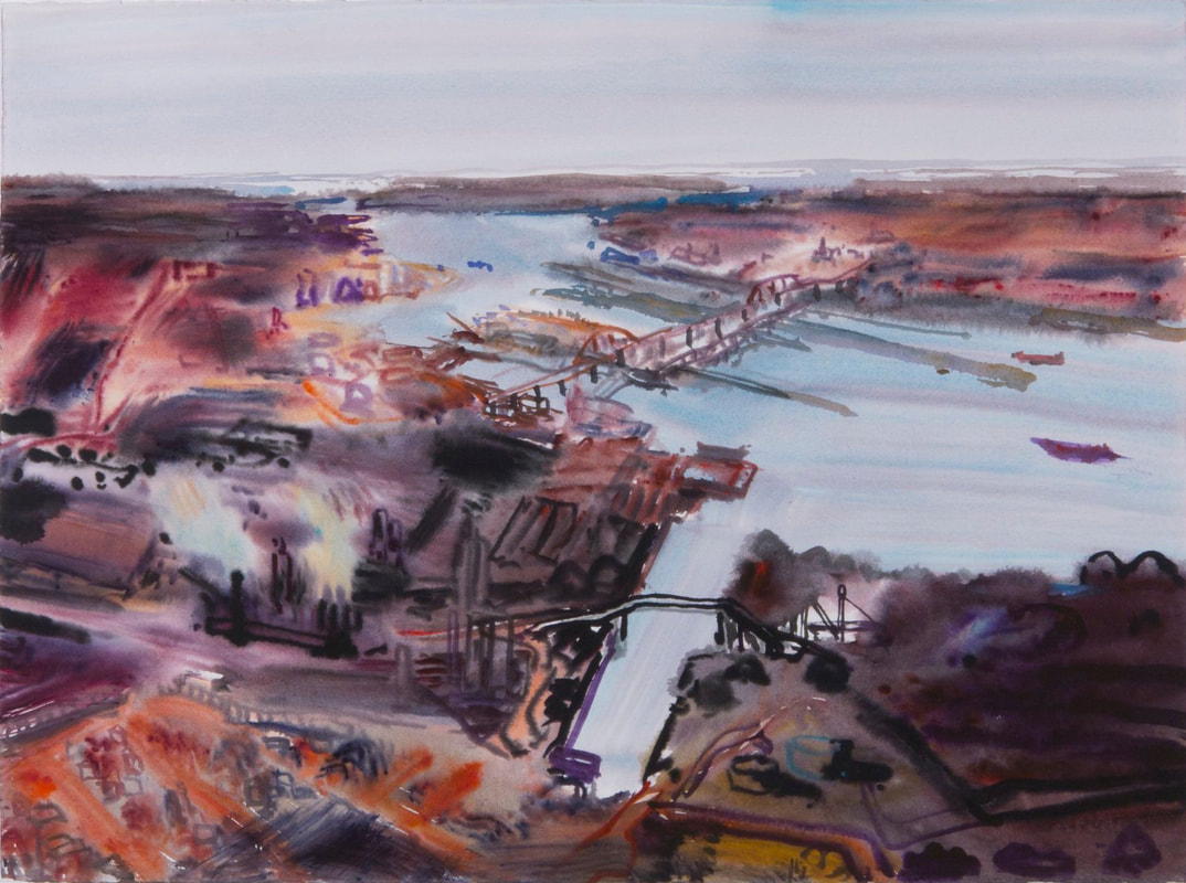 Painting by John Hartman. Title: Sault Ste. Marie from Above. Watercolour on Arches paper.