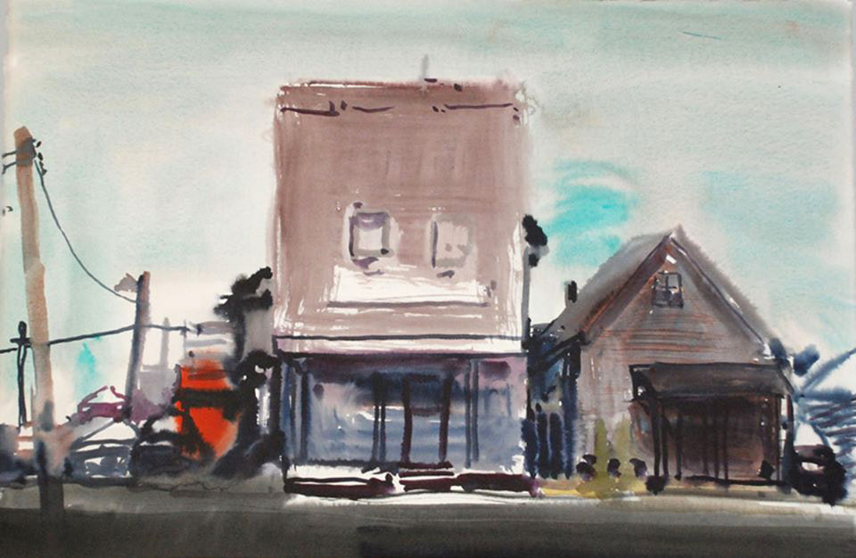 Painting by John Hartman. Title: Two Houses, Goulais Avenue and Metzger Street. Watercolour on Arches paper.